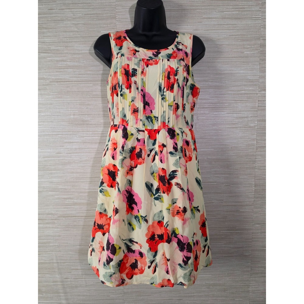 Madewell Floral Silk Sheath Dress Women 2 Pink Cream Pleated Sleeveless 39145